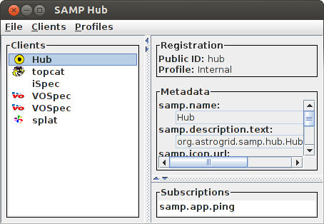 TOPCAT SAMP hub with different programs already connected