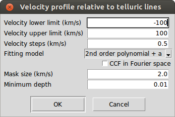 Velocity determination by using atomic/telluric lines or a template