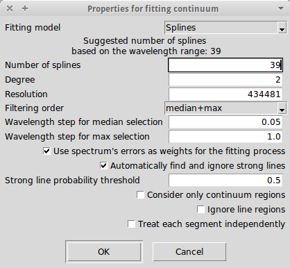 Properties for the fitting of the continuum