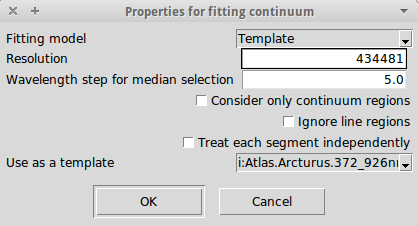 Properties for the fitting of the continuum