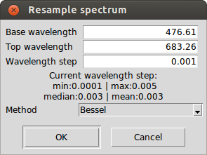 Properties for spectrum re-sampling. Some basic statistics of the active spectrum are printed next to the wavelength step field in order to have a point of reference